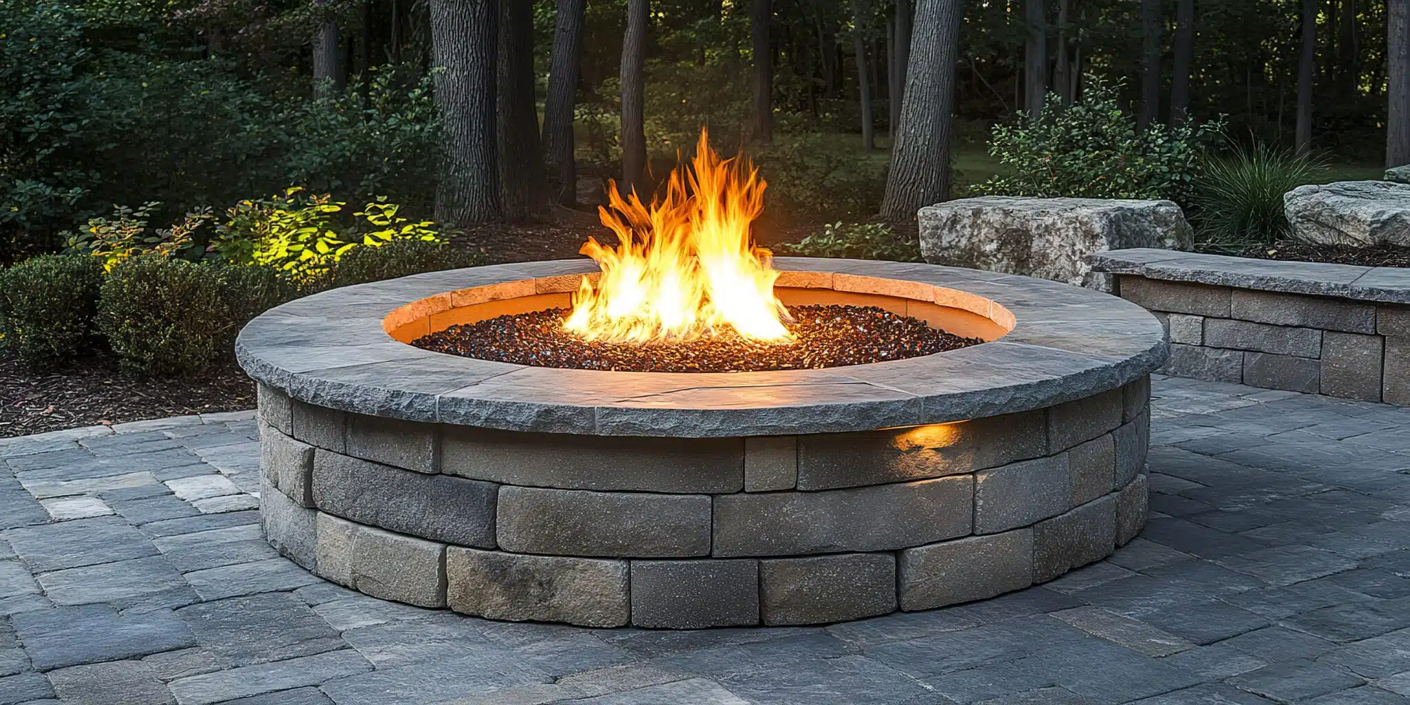 Stone fire pit set into a landscaped backyard seating area