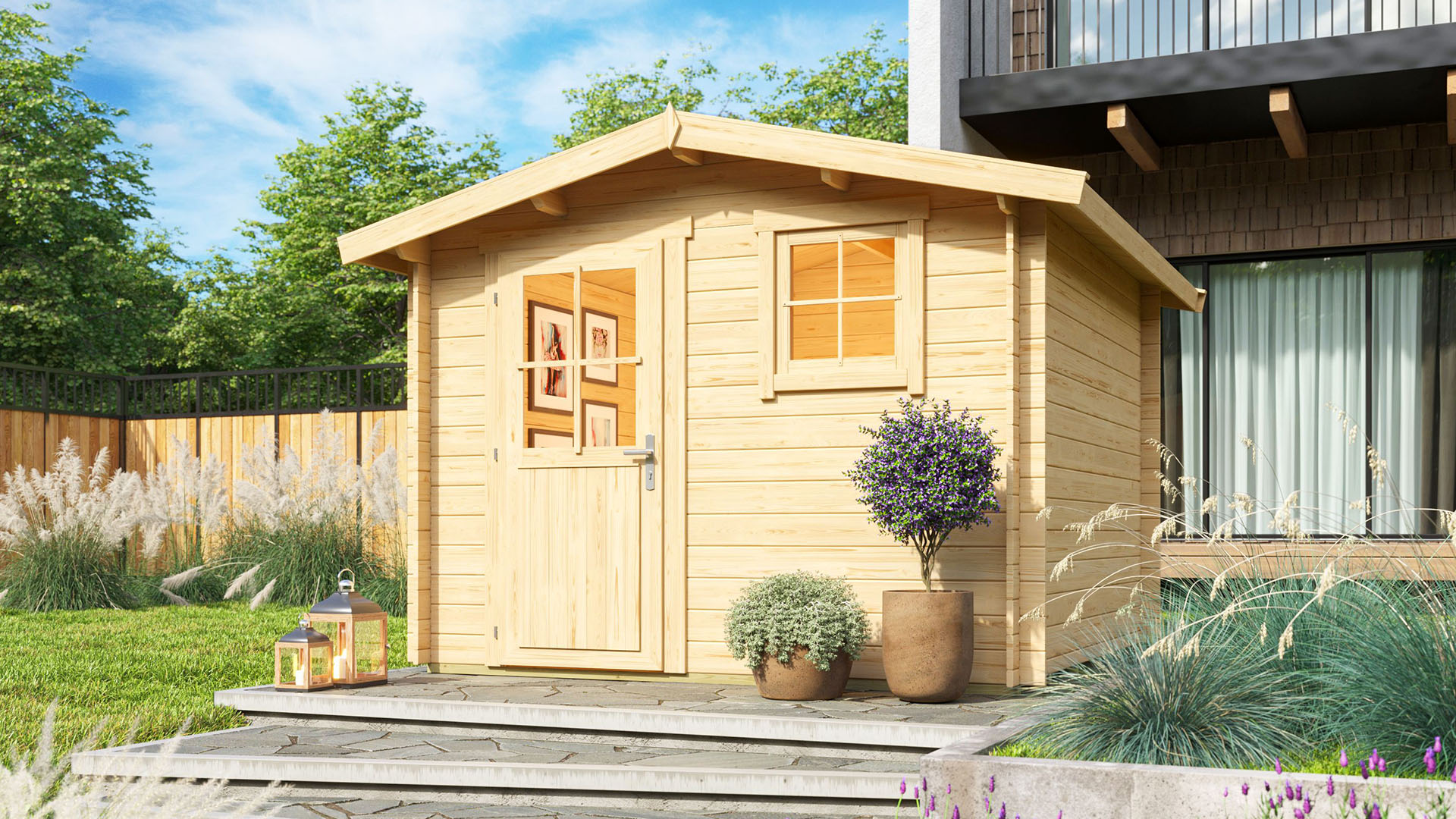Wood garden shed with double doors in a landscaped backyard